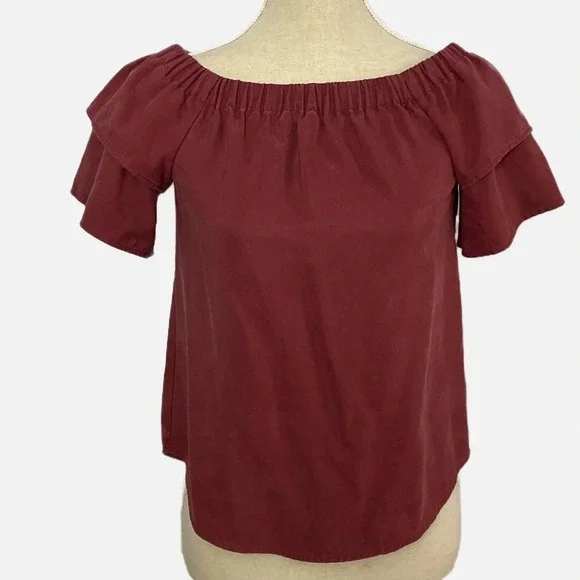 H&M Off the Shoulder Blouse Women Size 4 Burgundy Ruffle Sleeve Lyocell Top - Picture 8 of 8